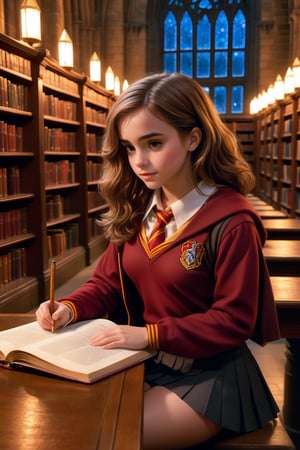 cute Hermione Granger studying in the library at night, (bushy brown hair), hogwarts gryffindor uniform, miniskirt, clevage, fantasy aesthetic, magical light, hogwarts castle interior, realistic skin texture, skin details, glistening skin