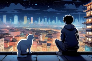 cat watching big city at night, beautiful background city, happy vibes, positive colors, smaller cat,  3d, metro, big background, japanese manga, Hayao Miyazaki
