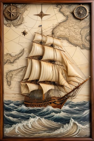 **a 3D hyper-realistic image of an intricate scrimshaw artwork. The scrimshaw is carved on an antique whale's tooth, which rests on a vintage wooden table with subtle light highlighting its details. The scrimshaw features a detailed maritime scene with a sailing ship battling high seas, surrounded by swirling winds and a cresting wave. The ship is meticulously detailed with visible sails, ropes, and tiny figures of sailors. The background should include faintly engraved stars and a compass, enhancing the nautical theme. The texture of the whale's tooth should be accurately portrayed, showing its smooth ivory surface and natural curves. The surrounding setting should include old maritime tools like a compass, a sextant, and old maps, subtly blurred in the background to focus attention on the scrimshaw itself.

