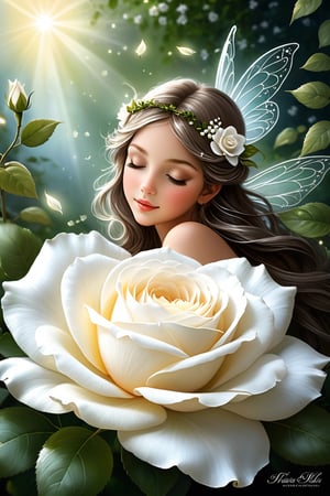 An ultra high quality award-winning Masterpiece. The little fairy sleeps on a white rose. Her wings tremble slightly from the gentle breeze that whispers sweet tales to her. A small flower is nestled in her hair, as if wanting to adorn her even more. Silence reigns around, only the birds singing and the rustling of leaves disturb this idyll. The fairy looks so calm and innocent, as if nature itself protects her from any harm. Her face expresses such peace, as if she sees the most beautiful dreams. At this moment, the world seems so soft and kind, as if every element of nature is woven from magic. The sleeping fairy on the white rose reminds us that there is a place for wonders and magic in this world, even in the most delicate moments.