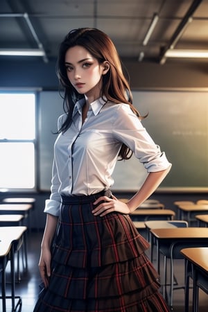 (1girl, teacher, white shirt, plaid tiered skirt, in classroom, beautiful small hands, photo of perfecteyes eyes, sexy pose), masterpiece, best quality, high resolution, UHD, realism, realistic, depth of field, wide view, raytraced, full length body, mystical, luminous, translucent, beautiful, stunning, a mythical being exuding energy, textures, breathtaking beauty, pure perfection, with a divine presence, unforgettable, and impressive.