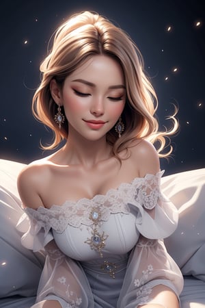 (1girl, off shoulder dress, eyes closed, sleep, big white bed, no light in background), portrait, masterpiece, best quality, high resolution, UHD, realism, realistic, depth of field, raytraced, medium breast, mystical, luminous, translucent, beautiful, stunning, a mythical being exuding energy, textures, breathtaking beauty, pure perfection, with a divine presence, unforgettable, and impressive.