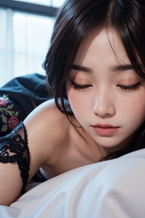 1girl, eyes closed, sleep, laying on bed, cover herself with quilt, big white bed, no light in background), (face close-up, focus ob face), 
accessories, piercing, intricate background, fantasy, mythical, misterious, masterpiece, best quality, dynamic angle, cinematic composition, detailed face
