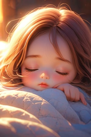 best quality, masterpiece, beautiful and aesthetic, vibrant color, Exquisite details and textures,  Warm tone, ultra realistic illustration,	(cute girl, 3year old:1.5),	cute eyes, big eyes,	(a sullen look:1.2),	16K, (HDR:1.4), high contrast, bokeh:(1girl, eyes closed, sleep, laying on bed, cover herself with quilt, big white bed, no light in background), (face close-up, focus ob face), ultra hd, realistic, vivid colors, highly detailed, UHD drawing, perfect composition, beautiful detailed intricate insanely detailed octane render trending on artstation, 8k artistic photography, photorealistic concept art, soft natural volumetric cinematic perfect light. 