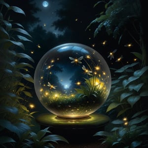 glass orb with lighted fireflies on a dark night rolling in the garden at night, by Bernie Wrightson, Berthe Morisot and Bill Sienkiewicz. Epic cinematic brilliant stunning intricate meticulously detailed dramatic atmospheric maximalist digital matte painting