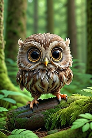 (best quality, 4k, 8k, highres, masterpiece:1.2), ultra-detailed, (realistic, photorealistic, photo-realistic:1.37), animal, little owl, adorable, cute, fluffy fur, happy expression, small size, joyful, fun-loving, running in the forest, detailed face, (detailed face). 3D cartoon style, big eyes and head, small body. 