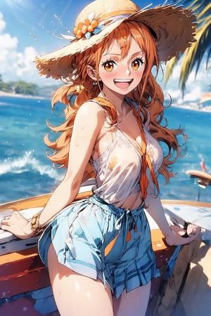 {(Yamato)}, 1girl, Adult girl, {(anime, 8k, masterpiece, best quality, best quality, beautiful and aesthetic, professional illustration, ultra detail, perfect lighting, perfect shadow, perfect sharpness, HDR)}, {( Orange hair with yellow tips, long hair, medium straw hat on head, beautiful hair, detailed hair, shining hair)}, {(orange eyes, very detailed eyes, beautiful eyes, shining eyes)}, {(detailed face, detailed nose , detailed mouth, beautiful face)}, {(athletic and sensual body, perfect body, perfect arms, perfect hands, perfect legs, detailed body, beautiful body)}, {(wearing a large white t-shirt, very detailed clothes, jk skirt red, beautiful clothes ) }, {(standing, Laughing expression)}, {(paradise beach view, very detailed view, very beautiful view, on a boat, high quality view)}, {(summer day, clear, very sky detailed, high quality sky, beautiful sky, perfect sky)}, {(NamiOP\(one piece\))},NamiOP,ass