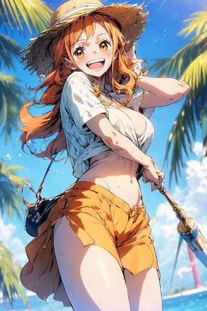 {(Yamato)}, 1girl, Adult girl, {(anime, 8k, masterpiece, best quality, best quality, beautiful and aesthetic, professional illustration, ultra detail, perfect lighting, perfect shadow, perfect sharpness, HDR)}, {( Orange hair with yellow tips, long hair, medium straw hat on head, beautiful hair, detailed hair, shining hair)}, {(orange eyes, very detailed eyes, beautiful eyes, shining eyes)}, {(detailed face, detailed nose , detailed mouth, beautiful face)}, {(athletic and sensual body, perfect body, perfect arms, perfect hands, perfect legs, detailed body, beautiful body)}, {(wearing a large white t-shirt, very detailed clothes, jk skirt red, beautiful clothes ) }, {(standing, Laughing expression)}, {(paradise beach view, very detailed view, very beautiful view, on a boat, high quality view)}, {(summer day, clear, very sky detailed, high quality sky, beautiful sky, perfect sky)}, {(NamiOP\(one piece\))},NamiOP