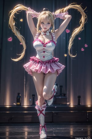 blink, ((turning sideways)), arm behind head, ((standing on one foot, leg up 2.0)), happy, (Masterpiece), full body shot, best quality, high resolution, highly detailed, detailed background, movie lighting, 1girl, ((She has blonde long hair, heart-shaped twintails, large breasts, cleavage 2.0)), blue eyes, idol, light blue idol clothes, underbust, stage, microphone , stage lights, music, blush, heavy breathing, sweat, concert,(( frilly gloves, frilly skirt 2.0)), ruffles, confetti, hearts, hair accessories, hair bows, gems, jewelry, neon lights , bow tie , pointing, spotlight, sparkles, light particles, frame breasts, cross lace