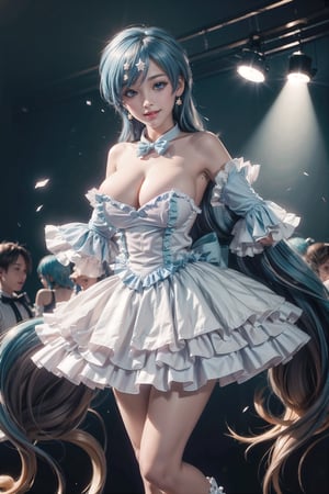 charming smile, (Masterpiece), full body shot, best quality, high resolution, highly detailed, detailed background, movie lighting, looking_at_viewer, 1girl, ((She has blue long hair, large breasts, cleavage 2.0)), blue eyes, idol, light blue idol clothes, underbust, stage, microphone , stage lights, music, blush, heavy breathing, sweat, concert, ((frilly gloves, frilly skirt 2.0)), ruffles, confetti, hearts, hair accessories, hair bows, gems, jewelry, neon lights , bow tie, pointing, spotlight, sparkles, light particles, frame breasts, cross lace