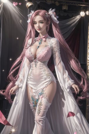 (Masterpiece), full body shot, best quality, high resolution, highly detailed, detailed background, movie lighting, 1girl, ((She has pink long hair, twintails, large breasts, cleavage 2.0)), green eyes, idol, ((revealing evening gown 2.0)), underbust, stage, microphone , stage lights, music, blush, sweet smile, sweat, concert, ruffles, confetti, hearts, hair accessories, hair bows, gems, jewelry, neon lights , bow tie , pointing, spotlight, sparkles, light particles, frame breasts, cross lace, white stockings,ryuubi,ruanyi0263