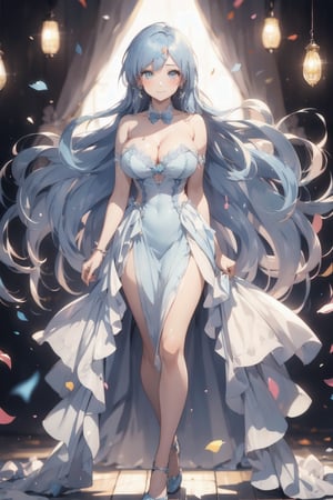 ((She has light blue long hair, large breasts, cleavage 2.0)), (Masterpiece), full body shot, best quality, high resolution, highly detailed, detailed background, movie lighting, looking_at_viewer, 1girl, big yellow eyes, idol, ((revealing evening gown 2.0)), underbust, stage, microphone , stage lights, music, blush, sweet smile, sweat, concert, ruffles, confetti, hearts, hair accessories, hair bows, gems, jewelry, neon lights , bow tie, pointing, spotlight, sparkles, light particles, frame breasts, cross lace, black stockings, kan'u,ruanyi0263,ho1