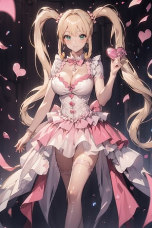(Masterpiece), full body shot, best quality, high resolution, highly detailed, detailed background, movie lighting, 1girl, ((She has blonde long hair, heart-shaped twintails, large breasts, cleavage 2.0)), green eyes, idol, ((pink revealing evening gown 2.0)), underbust, stage, microphone , stage lights, music, blush, sweet smile, sweat, concert, ruffles, confetti, hearts, hair accessories, hair bows, gems, jewelry, neon lights , bow tie , pointing, spotlight, sparkles, light particles, frame breasts, cross lace, white stockings,hmnl