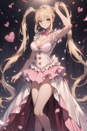 (Masterpiece), full body shot, best quality, high resolution, highly detailed, detailed background, movie lighting, 1girl, ((She has blonde long hair, heart-shaped twintails, large breasts, cleavage 2.0)), green eyes, idol, ((pink revealing evening gown 2.0)), underbust, stage, microphone , stage lights, music, blush, sweet smile, sweat, concert, ruffles, confetti, hearts, hair accessories, hair bows, gems, jewelry, neon lights , bow tie , pointing, spotlight, sparkles, light particles, frame breasts, cross lace, white stockings,hmnl