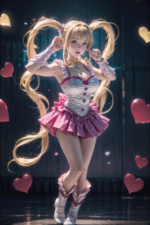 (Masterpiece), full body shot, best quality, high resolution, highly detailed, detailed background, movie lighting, looking_at_viewer, 1girl, ((She has blonde long hair, heart-shaped twintails, large breasts, cleavage 2.0)), blue eyes, idol, light blue idol clothes, underbust, stage, microphone , stage lights, music, blush, heavy breathing, sweat, concert, frilly gloves, frilly skirt, ruffles, confetti, hearts, hair accessories, hair bows, gems, jewelry, neon lights , bow tie , pointing, spotlight, sparkles, light particles, frame breasts, cross lace,hmnl