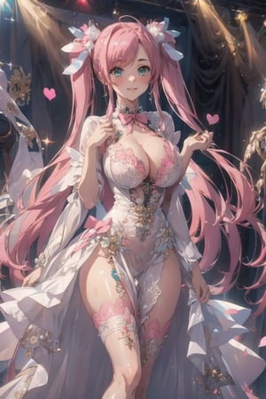 (Masterpiece), full body shot, best quality, high resolution, highly detailed, detailed background, movie lighting, 1girl, ((She has pink long hair, twintails, large breasts, cleavage 2.0)), green eyes, idol, ((revealing evening gown 2.0)), underbust, stage, microphone , stage lights, music, blush, sweet smile, sweat, concert, ruffles, confetti, hearts, hair accessories, hair bows, gems, jewelry, neon lights , bow tie , pointing, spotlight, sparkles, light particles, frame breasts, cross lace, white stockings,ryuubi,ruanyi0263