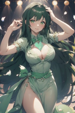 ((She has dark green long hair, large breasts, cleavage 2.0)), (Masterpiece), full body shot, best quality, high resolution, highly detailed, detailed background, movie lighting, looking_at_viewer, 1girl, big yellow eyes, idol, ((revealing evening gown 2.0)), underbust, stage, microphone , stage lights, music, blush, sweet smile, sweat, concert, ruffles, confetti, hearts, hair accessories, hair bows, gems, jewelry, neon lights , bow tie, pointing, spotlight, sparkles, light particles, frame breasts, cross lace, black stockings, 