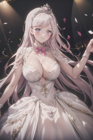 ((She has pink hair, large breasts, cleavage 2.0)), ((she wears Princess Dress 2.0)), cute pose, sleeveless, (Masterpiece), full body shot, best quality, high resolution, highly detailed, detailed background, movie lighting, 1girl, pink eyes, idol, underbust, stage, microphone , stage lights, music, blush, sweet smile, sweat, concert, ruffles, confetti, hearts, hair accessories, hair bows, gems, jewelry, neon lights , bow tie , pointing, spotlight, sparkles, light particles, frame breasts, cross lace,aamazaki,perfect light,princess dress,seethrough_wedding_dress,ruanyi0257