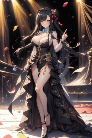 (Masterpiece), full body shot, best quality, high resolution, highly detailed, detailed background, movie lighting, looking_at_viewer, 1girl, ((She has black long hair, large breasts, cleavage 2.0)), big yellow eyes, idol, ((revealing evening gown 2.0)), underbust, stage, microphone , stage lights, music, blush, sweet smile, sweat, concert, ruffles, confetti, hearts, hair accessories, hair bows, gems, jewelry, neon lights , bow tie, pointing, spotlight, sparkles, light particles, frame breasts, cross lace, black stockings, kan'u,ruanyi0263