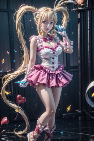 (Masterpiece), full body shot, best quality, high resolution, highly detailed, detailed background, movie lighting, looking_at_viewer, 1girl, ((She has blonde long hair, heart-shaped twintails, large breasts, cleavage 2.0)), blue eyes, idol, light blue idol clothes, underbust, stage, microphone , stage lights, music, blush, heavy breathing, sweat, concert, frilly gloves, frilly skirt, ruffles, confetti, hearts, hair accessories, hair bows, gems, jewelry, neon lights , bow tie , pointing, spotlight, sparkles, light particles, frame breasts, cross lace,hmnl