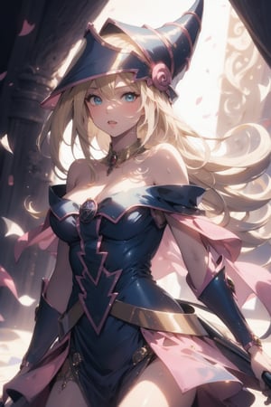 pink magic energy, Dark Magician Girl, many girls, ((dark blue-pink revealing off-shoulder dress, Wizard's hat, magic wand1.4)), (Masterpiece), full body shot, best quality, high resolution, highly detailed, detailed background, movie lighting, looking_at_viewer, 1girl, ((She has yellow long hair, large breasts, cleavage 1.3)), blue eyes, idol, underbust, stage, microphone , stage lights, music, blush, heavy breathing, sweat, concert, frilly gloves, frilly skirt, ruffles, confetti, hearts, hair accessories, hair bows, gems, jewelry, neon lights , bow tie , pointing, spotlight, sparkles, light particles, frame breasts, cross lace,hmnl,ruanyi0257,xuer Large shell,ruanyi0263,idol dress,ruanyi0254,aamazaki,dark magician girl,hmdmg1,ruanyi0256