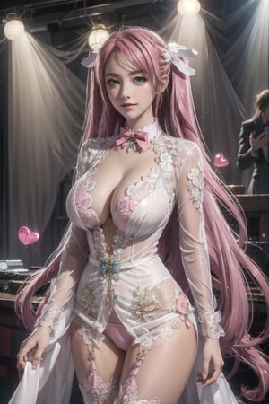 lacetrimmed panties, (Masterpiece), full body shot, best quality, high resolution, highly detailed, detailed background, movie lighting, 1girl, ((She has pink long hair, twintails, large breasts, cleavage 2.0)), green eyes, idol, ((revealing evening gown 2.0)), underbust, stage, microphone , stage lights, music, blush, sweet smile, sweat, concert, ruffles, confetti, hearts, hair accessories, hair bows, gems, jewelry, neon lights , bow tie , pointing, spotlight, sparkles, light particles, frame breasts, cross lace, white stockings,ryuubi,ruanyi0263