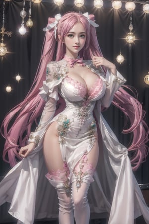 Playful pose, (Masterpiece), full body shot, best quality, high resolution, highly detailed, detailed background, movie lighting, 1girl, ((She has pink long hair, twintails, large breasts, cleavage 2.0)), green eyes, idol, ((revealing evening gown 2.0)), underbust, stage, microphone , stage lights, music, blush, sweet smile, sweat, concert, ruffles, confetti, hearts, hair accessories, hair bows, gems, jewelry, neon lights , bow tie , pointing, spotlight, sparkles, light particles, frame breasts, cross lace, white stockings,ryuubi,ruanyi0263,ruanyi0254