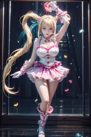 blink, turning sideways, arm behind head, ((standing on one foot and lift one foot up 2.0)), happy, (Masterpiece), full body shot, best quality, high resolution, highly detailed, detailed background, movie lighting, 1girl, ((She has blonde long hair, heart-shaped twintails, large breasts, cleavage 2.0)), blue eyes, idol, light blue idol clothes, underbust, stage, microphone , stage lights, music, blush, heavy breathing, sweat, concert,(( frilly gloves, frilly skirt 2.0)), ruffles, confetti, hearts, hair accessories, hair bows, gems, jewelry, neon lights , bow tie , pointing, spotlight, sparkles, light particles, frame breasts, cross lace
