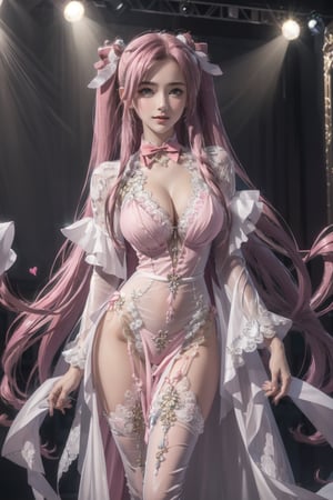 lacetrimmed panties, (Masterpiece), full body shot, best quality, high resolution, highly detailed, detailed background, movie lighting, 1girl, ((She has pink long hair, twintails, large breasts, cleavage 2.0)), green eyes, idol, ((black revealing evening gown 2.0)), underbust, stage, microphone , stage lights, music, blush, sweet smile, sweat, concert, ruffles, confetti, hearts, hair accessories, hair bows, gems, jewelry, neon lights , bow tie , pointing, spotlight, sparkles, light particles, frame breasts, cross lace, white stockings,ryuubi,ruanyi0263