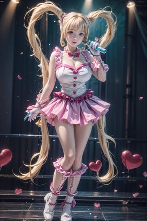 charming smile, (Masterpiece), full body shot, best quality, high resolution, highly detailed, detailed background, movie lighting, looking_at_viewer, 1girl, ((She has blonde long hair, heart-shaped twintails, large breasts, cleavage 2.0)), blue eyes, idol, light blue idol clothes, underbust, stage, microphone , stage lights, music, blush, heavy breathing, sweat, concert,(( frilly gloves, frilly skirt 2.0)), ruffles, confetti, hearts, hair accessories, hair bows, gems, jewelry, neon lights , bow tie , pointing, spotlight, sparkles, light particles, frame breasts, cross lace,hmnl