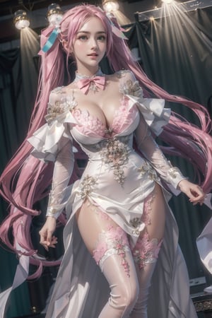 Playful pose, (Masterpiece), full body shot, best quality, high resolution, highly detailed, detailed background, movie lighting, 1girl, ((She has pink long hair, twintails, large breasts, cleavage 2.0)), green eyes, idol, ((revealing evening gown 2.0)), underbust, stage, microphone , stage lights, music, blush, sweet smile, sweat, concert, ruffles, confetti, hearts, hair accessories, hair bows, gems, jewelry, neon lights , bow tie , pointing, spotlight, sparkles, light particles, frame breasts, cross lace, white stockings,ryuubi,ruanyi0263,ruanyi0254