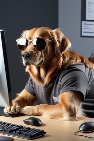 ((extremely detailed CG)),((8k_wallpaper)),(((masterpiece))),((best quality)) a golden retriever human like,  wearing brown glasses and dark gray  t-shirt, ,working on desk, looking at computer monitor, one paw on mouse, monitor light reflection on face, working in office 