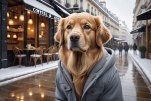 ((extremely detailed CG)),  ((8k_wallpaper)),  (((masterpiece))),  ((best quality)) a golden retriever anthron  wearing grey clothes and jeans,  standing in front of a coffee shop in snowing Paris street 