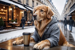 ((extremely detailed CG)),  ((8k_wallpaper)),  (((masterpiece))),  ((best quality)) a golden retriever anthron  wearing grey clothes and jeans,  having coffee in snowing Paris street 