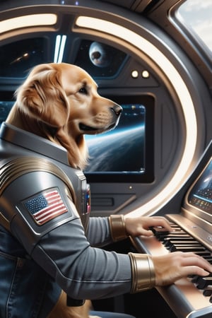 ((extremely detailed CG)), ((8k_wallpaper)), (((masterpiece))), ((best quality)) a golden retriever human like,  wearing dark gray  t-shirt and jeans,  inside a spaceship,  looking at panel monitor,  one paw on keyboard