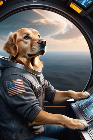 ((extremely detailed CG)),  ((8k_wallpaper)),  (((masterpiece))),  ((best quality)) a golden retriever human like,  wearing dark gray  t-shirt and jeans,  inside a spaceship, standing in front of control panel 