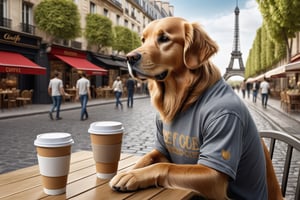 ((extremely detailed CG)),  ((8k_wallpaper)),  (((masterpiece))),  ((best quality)) a golden retriever anthron  wearing gray  t-shirt and jeans,  having coffee in Paris street 