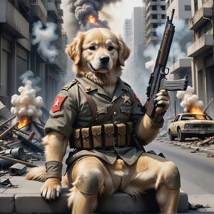 Close-up of a cute human golden retriever dog soldier wearing uniform with two legs and holding a gun sitting on the street after a nuclear explosion destroyed the city, fire, smoke award-winning photo
