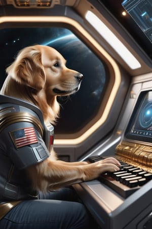 ((extremely detailed CG)), ((8k_wallpaper)), (((masterpiece))), ((best quality)) a golden retriever human like,  wearing dark gray  t-shirt and jeans,  inside a spaceship,  looking at panel monitor,  one paw on keyboard , monitor light reflection on face