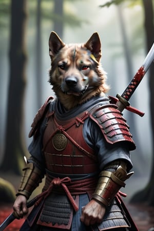 Dog, samurai, katana, 8k, armor, in the wood, blood, fighter