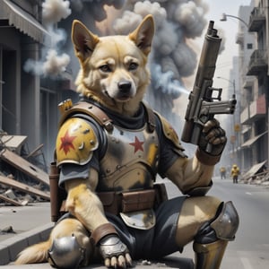 Close-up of a cute human yellow dog soldier wearing armor and holding a gun sitting on the street after a nuclear explosion destroyed the city, fire, smoke award-winning photo