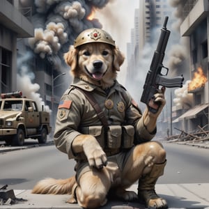 Close-up of a cute human golden retriever dog soldier wearing uniform and holding a gun sitting on the street after a nuclear explosion destroyed the city, fire, smoke award-winning photo
