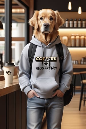 ((extremely detailed CG)),  ((8k_wallpaper)),  (((masterpiece))),  ((best quality)) a golden retriever human like,  wearing grey sweatshirt and jeans,  standing in front of coffee shop,  carrying a backpack
