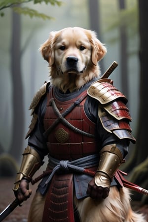 Golden retriever Dog, samurai, katana, 8k, armor, in the wood, blood, fighter