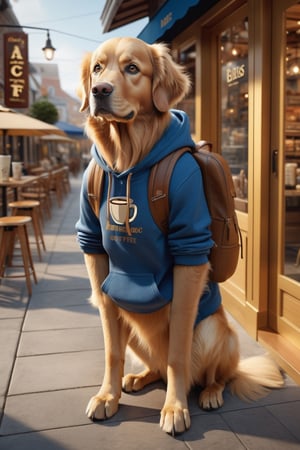 ((extremely detailed CG)),  ((8k_wallpaper)),  (((masterpiece))),  ((best quality)) a golden retriever anthro,  wearing blue sweatshirt and jeans,  standing in front of coffee shop,  carrying a backpack