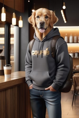 ((extremely detailed CG)),  ((8k_wallpaper)),  (((masterpiece))),  ((best quality)) a golden retriever human like,  wearing dark gray  sweatshirt and jeans,  standing in front of coffee shop,  carrying a backpack