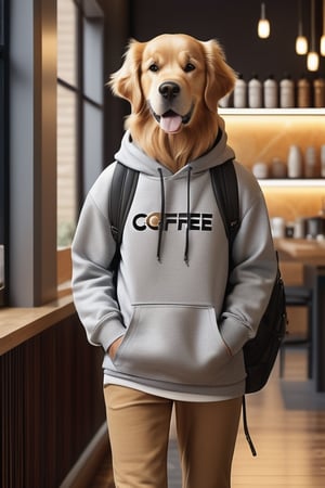 ((extremely detailed CG)),  ((8k_wallpaper)),  (((masterpiece))),  ((best quality)) a golden retriever human like,  wearing grey sweatshirt and sneakers,  standing in front of coffee shop,  carrying a backpack