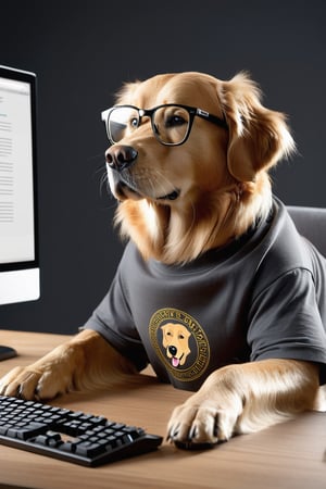 ((extremely detailed CG)),((8k_wallpaper)),(((masterpiece))),((best quality)) a golden retriever human like,  wearing glasses and dark gray t-shirt, ,working on desk, looking at computer monitor.