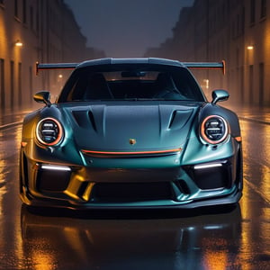 porsche 911 gt3 rs night shots from the front with Neon lights and Reflections on a wet street spinning wheels