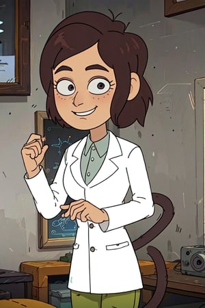 Reagan Ridley, brown hair, short hair, ponytail tail, dark brown hair, inside job, white lab coat, boring face, light green shirt, green pants, 1girl, closed lab coat, solo, master piece, perfect body, a cat tail on her, perfect face, browny skin, perfec nose, 1girl, perfect anatomy, front body view, one tail, female_solo, front body view, looking_at_camera, looking-at-viewer, pov_eye_contact , masterpiece, best quality, upper_body, cat_tail, with_tail, reagan with tail, reagan_with_a_tail, girl_with_tail, front view, cat_tail_in_her, perfect tail anatomy, defined tail, perfect cat tail, tail in body, slim tail, conected tail to body, perfect tail anatomy, eyes nsrrowed, correct nose, perfect nose, 5fingers, 1 cat tail, one cat tail, 1tail, cartoon, perfect face, kemono, dark, perfect mouth, 5 fingers, perfect hands, perfect tail, tail in perfect position, Cartoon, Cartoon, correct tail anatomy,  perfect tail, ultra detailed, perfect cat tail, perfect tail position, long cat tail,1girl, 1_girl, perfect hands, perfect fingers, longer tail, looking_at_viewer, perfect anatomy, detailed hands,Cartoon,detailed anatomy, smiling, 